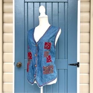 Vintage Bobbie Brooks Denim Flower Patchwork Embroidered Folk Vest Women…